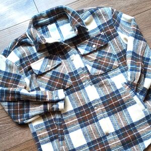Fornia Chunky Plaid Flannel Shacket Shirt Snaps Pockets Brown Blue‎ Oversized XS